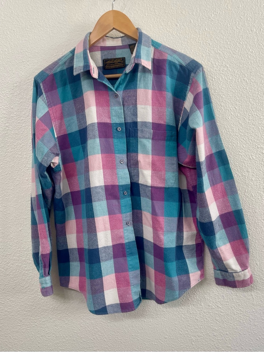 Eddie Bauer Large Check Plaid Flannel Button-Down Shirt in Teal, Pink & White